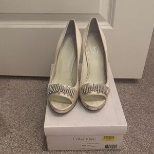 Calvin Klein Beige Peep Toe Heels with Rhinestones